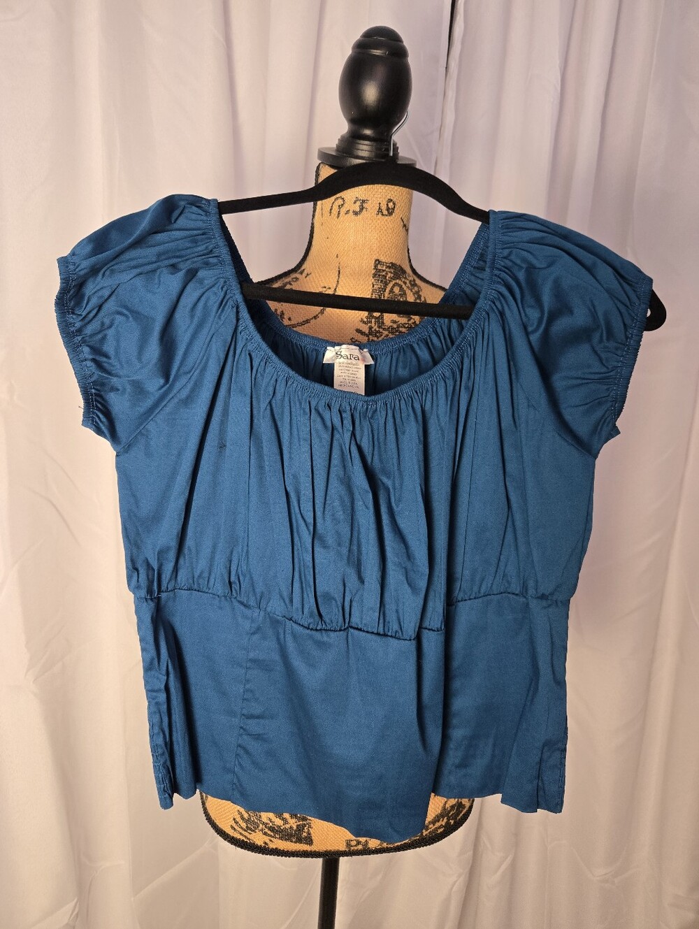 Sara Teal Short Sleeve Gathered Scoop Neck Top (Peasant Top)